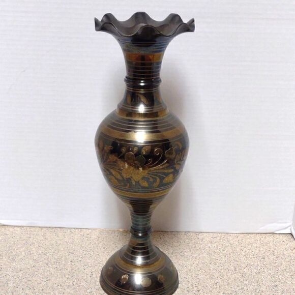 Tall Etched Brass Vase Urn - Picture 1 of 5